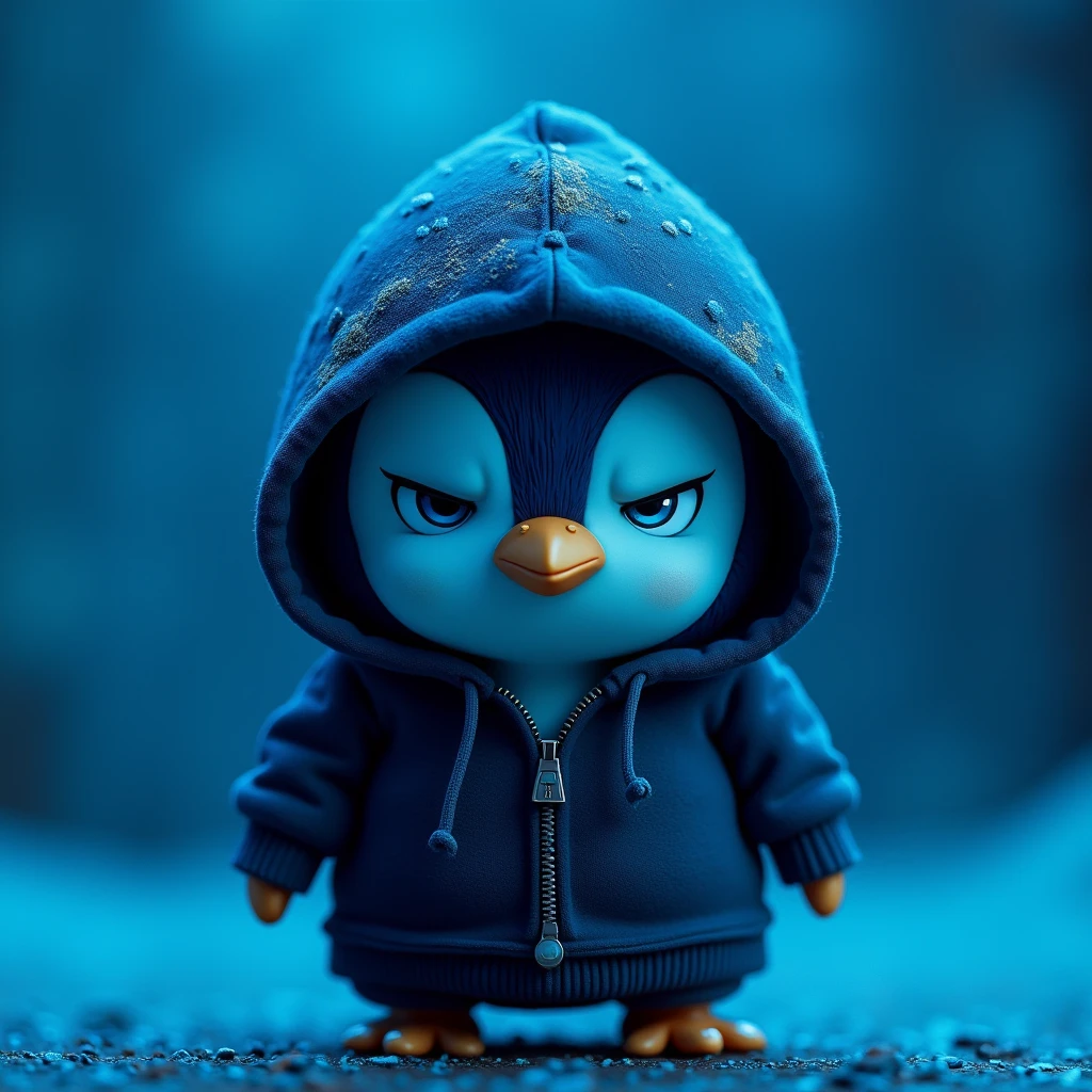 Resistance penguin coin , black hoodie , blue penguin , blue background , cute , eyes closed , mysterious , head bowed , only head , angry face