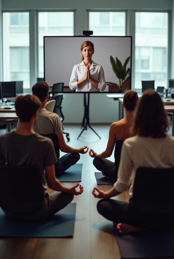 Corporate group yoga session sitting on their office chair in namaste pose with teacher taking online session using Google meet