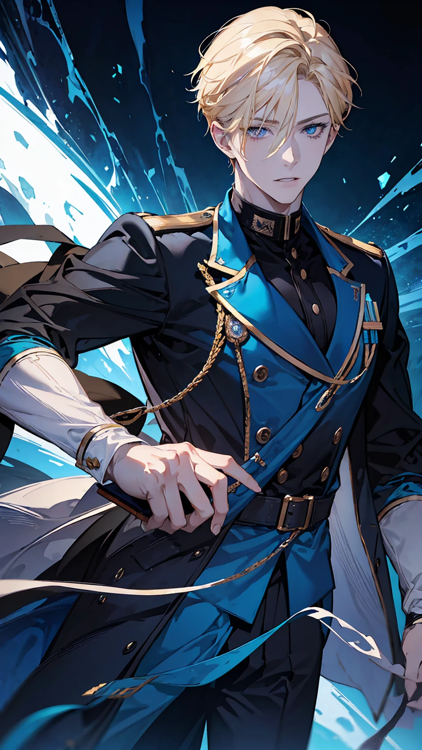 a handsome young man with blonde hair and blue eyes, wearing an academy uniform, detailed facial features, dynamic pose, realistic lighting, cinematic composition, rich color palette, highly detailed, photorealistic, masterpiece, muscular, full body