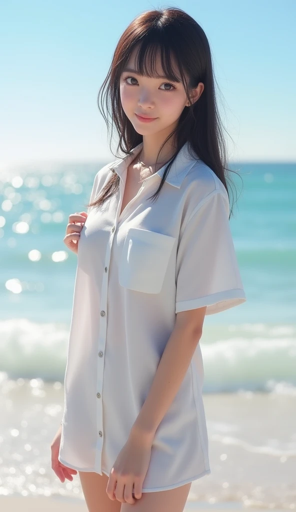 ((Highest quality)), ((masterpiece)), (detailed), Perfect Face,Japanese Girls,Teenager without makeup,Full body standing,Clean up to the toes,Huge breasts:1.3,Huge breasts:1.3,High bust top:1.3,Hard, Round Breasts:1.3,White shirt,mini skirt,((No Pat,Very good)),Bright smile,Soft sunlight on the beach,Thematic Depth,Clear focus,Natural and soft light、Full body portrait