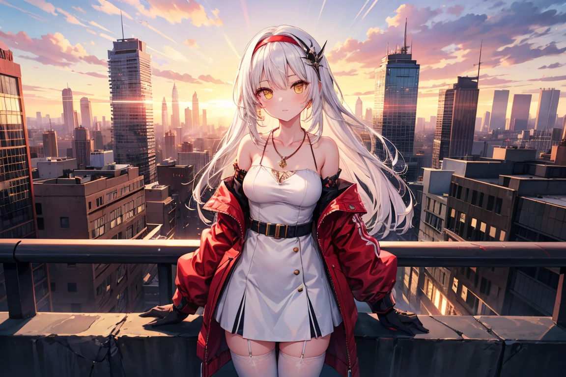 masterpiece, best quality, 1girl, solo, Airazor, white hair, long hair, yellow eyes, hairband, hair ornament, necklace, white dress, red jacket, bare shoulders, detached sleeves, gloves, thighhighs, standing, outdoors, futuristic cityscape, sunset, lens flare, cowboy shot 