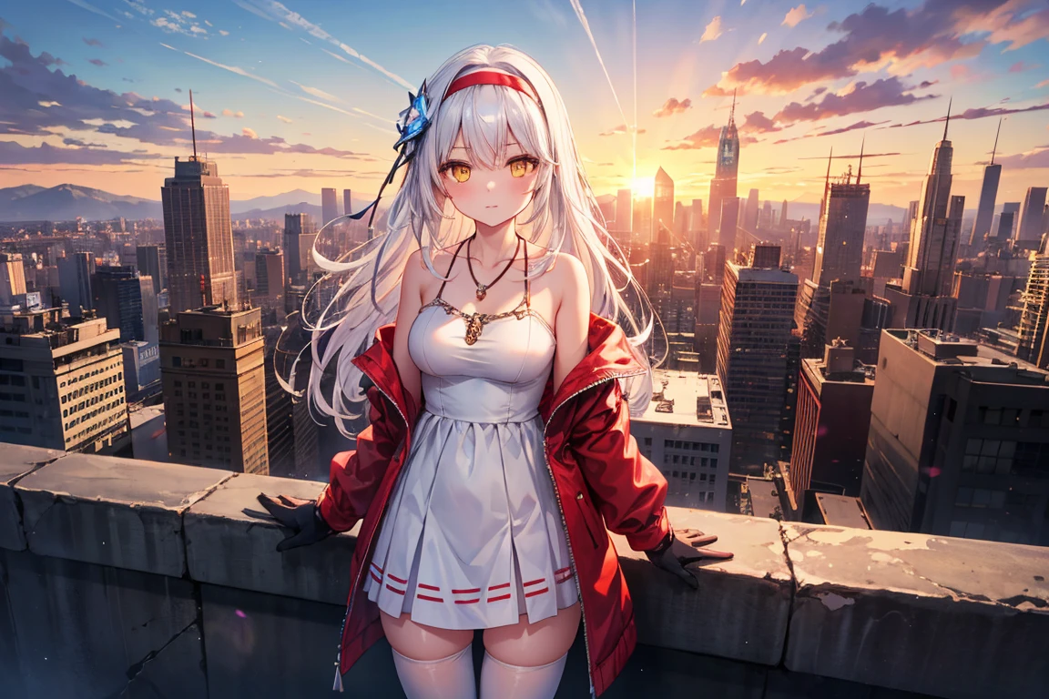 masterpiece, best quality, 1girl, solo, Airazor, white hair, long hair, yellow eyes, hairband, hair ornament, necklace, white dress, red jacket, bare shoulders, detached sleeves, gloves, thighhighs, standing, outdoors, futuristic cityscape, sunset, lens flare, cowboy shot 