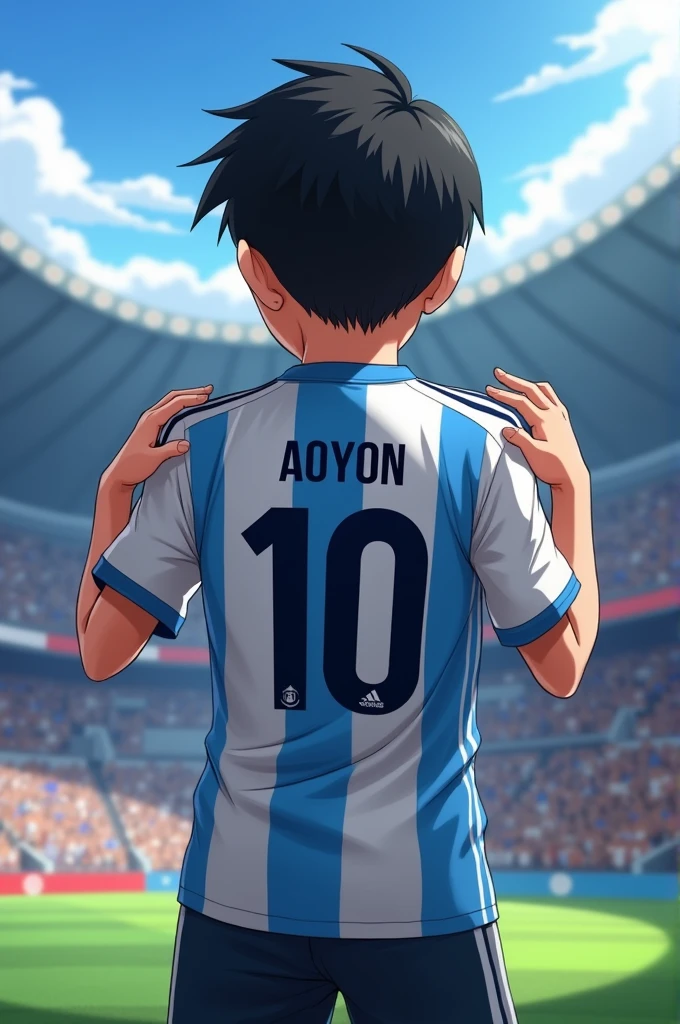 A boy showing his jersey to the audience, put name AOYON and jersey number 10. Jersey should be argentina football team.also put argentina logo. Boy should show the backpart.not face.not human anime type.2 boy anime..black hair. .show it on stadium.in front of fans..little bit realistic