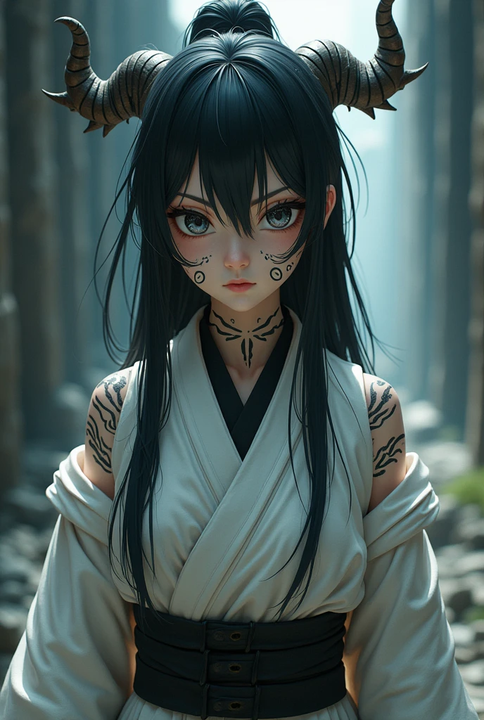 A young black-haired girl with long, untied hair, with tattoos in the form of lines around various areas, mainly limbs and face of his body as Ryomen Sukuna wearing a white battle dojo clothing with a black shirt inside.