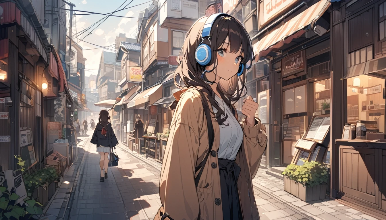 Taking a walk、Dark haired woman in headphones,Streetscape、listen to music、Japanese