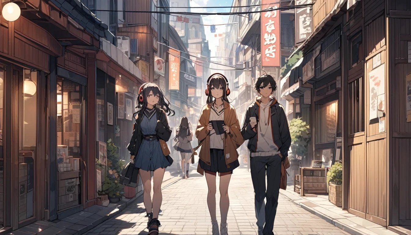 Taking a walk、Dark haired woman in headphones,Streetscape、listen to music、Japanese