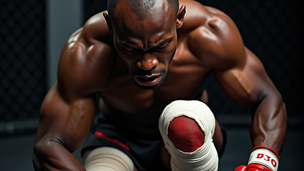 "A close-up shot of Kamaru Usman’s severely damaged knees, emphasizing the scar tissue and inflammation. The knees are wrapped in bandages, with a stark contrast between his muscular upper body and his weakened legs. The lighting is harsh, highlighting the pain etched on his face as he contemplates the constant struggle    