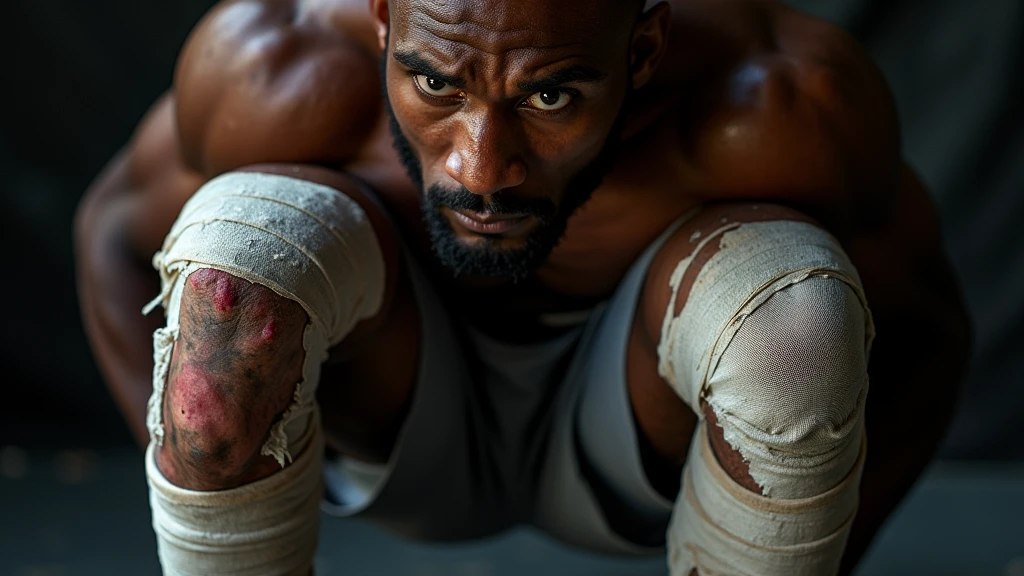 "A close-up shot of Kamaru Usman’s severely damaged knees, emphasizing the scar tissue and inflammation. The knees are wrapped in bandages, with a stark contrast between his muscular upper body and his weakened legs. The lighting is harsh, highlighting the pain etched on his face as he contemplates the constant struggle