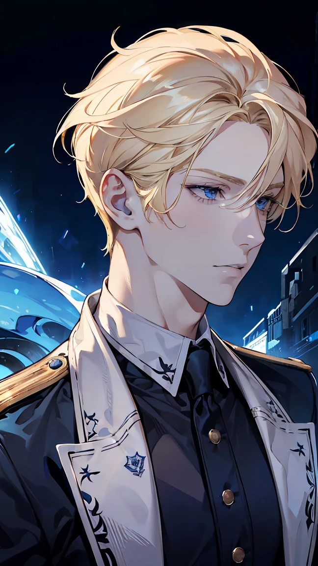 a handsome young man with blonde hair and blue eyes, wearing an academy uniform, detailed facial features, dynamic pose, realistic lighting, cinematic composition, rich color palette, highly detailed, photorealistic, masterpiece, muscular, full body