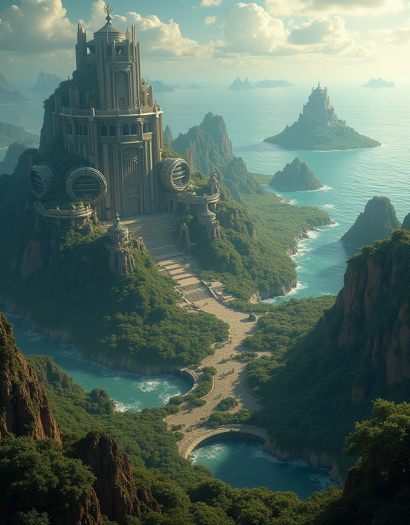 (masterpiece, best quality:1.2), masterpiece, hyperdetailed , image depicts the scene before the sinking of Atlantis, with the mother continent rising from the Pacific. Rich architecture and vegetation adorn its surface, while iconic ring-shaped structures are distributed across the landscape, showcasing the prosperity of an advanced civilization. The interplay of light and shadow highlights intricate details, creating a mysterious and grandiose portrayal that invites contemplation of the lost splendor of this civilization., masterpiece design, beautiful ocean vie, ((light bokeh)), photography, realistic, fantasy concept, Mysterious