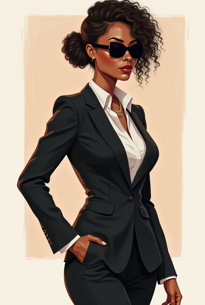Medium cut beautiful 24 year old businesswoman , curly hair tied up in a bun, Wearing a black suit with his arm to the left with his hand open near his shoulder as if pretending to show something , sunglasses on his black eyes, Natural Lips, Brown skin color, hourglass body, natural body, 2d illustration effect