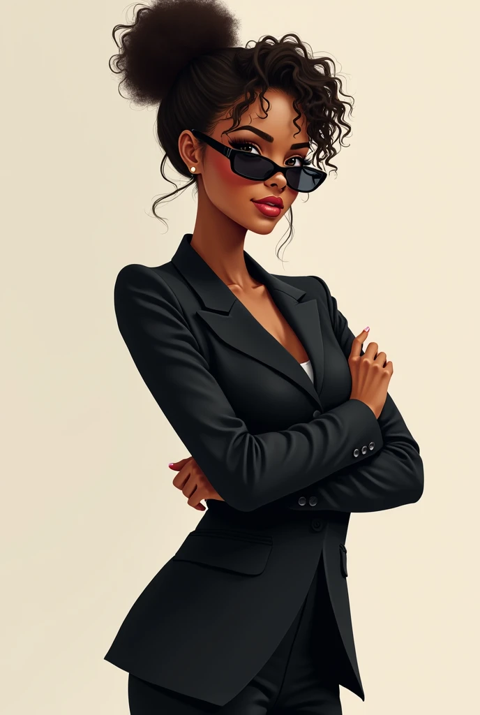 Medium cut beautiful 24 year old businesswoman , curly hair tied up in a bun, Wearing a black suit with his arm to the left with his hand open near his shoulder as if pretending to show something , sunglasses on his black eyes, Natural Lips, Brown skin color, hourglass body, natural body, 2d illustration effect
