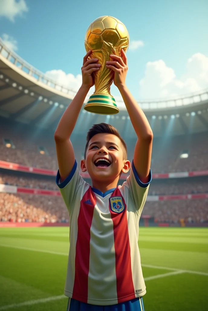(photorealism:1.2), a boy win football world cup and stole the trophy