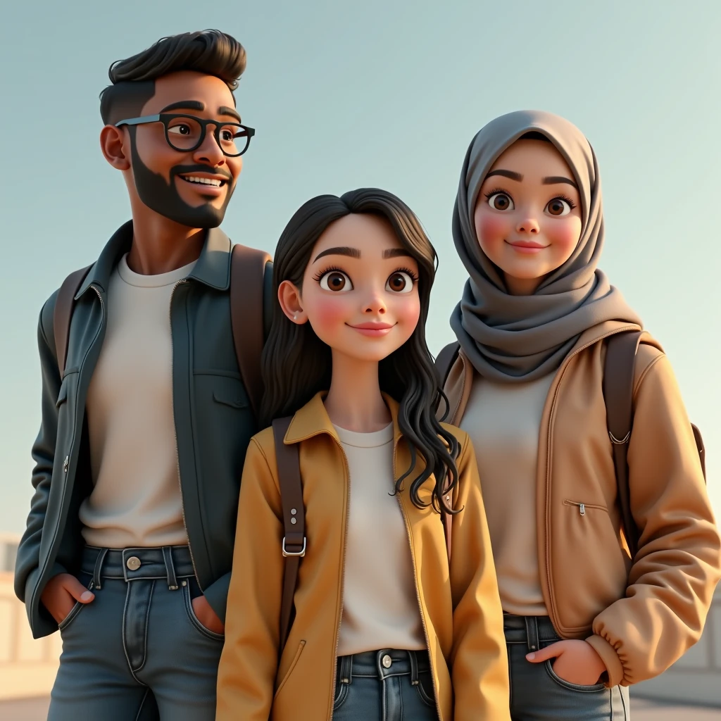 ((3 men wear jacket hijabless), (2 women wear hijab), (1 girl hijabless)), correct people numbers, casual fashion, just concentrate, happy expression, extreme detail, all white skin, masterpiece, 4k, gaming character, 3D character, proportional, crowdless portrait, cinematic lighting