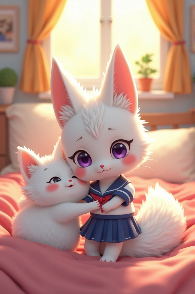 A charming, cute, white-haired, purple-eyed fox wearing a school uniform hugs a fluffy white cat in the bedroom.