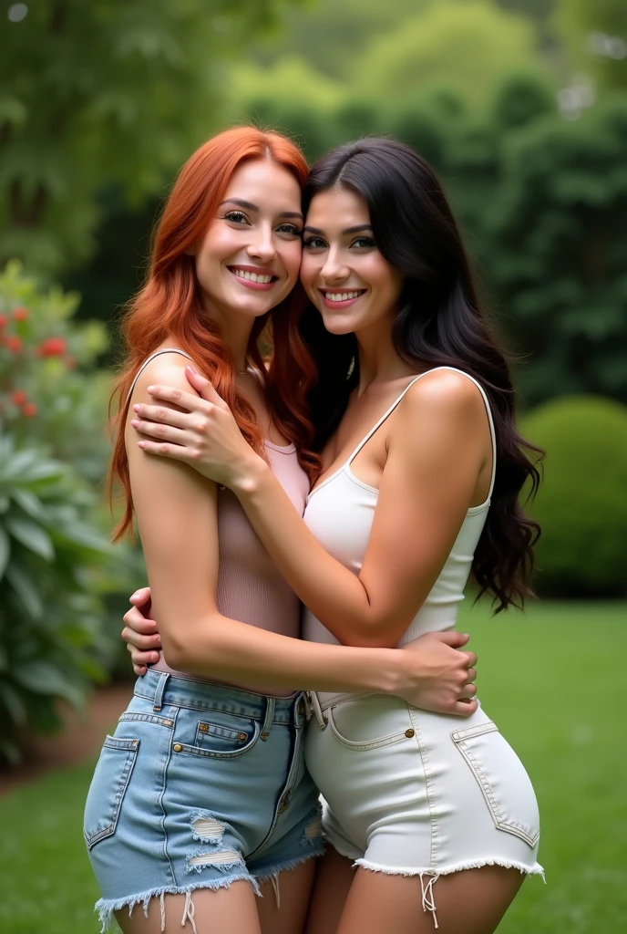 ultra realistic, photography, two women: one with long straight red hair, (30 years old, hourglass figure, perfect body, natural medium breasts, casual outfit), the other one: long black straight hair, (30 years old, hourglass figure, perfect fit body, natural big breasts, wearing a short summer dress), perfect round cleavage, they are standing in a backyard, they hug each other tightly and smile