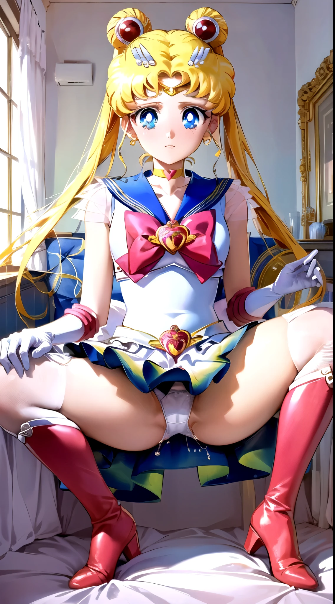 ((((Angle view from under the skirt, ))),masterpiece, Highest quality, (1 person), (Sailor Moon R),(Super Sailor Moon Uniform), (Blonde), (Red long boots), (Detailed face), Small breasts,Face Focus, White wall, (bed), Bright room, Very embarrassed look, White gloves, Detailed eyes, Detailed face, (Love hotel room), Highest quality, High resolution, (Fine and beautiful eyes: 1.3), highly Detailed face, Detailed CG, (Perfect hands, Perfect Anatomy: 1.3),(Short skirt), (Inverted skirt 1.3), (Detailed Panties 1.3), (Cotton white panties: 1.3), (Tears in my eyes: 1.0),(Panties with ruffles: 1.3),(Panties soaked with love juice: 1), (Squat: 1.3), (Spread your legs: 1.3),(Long ponytail)
