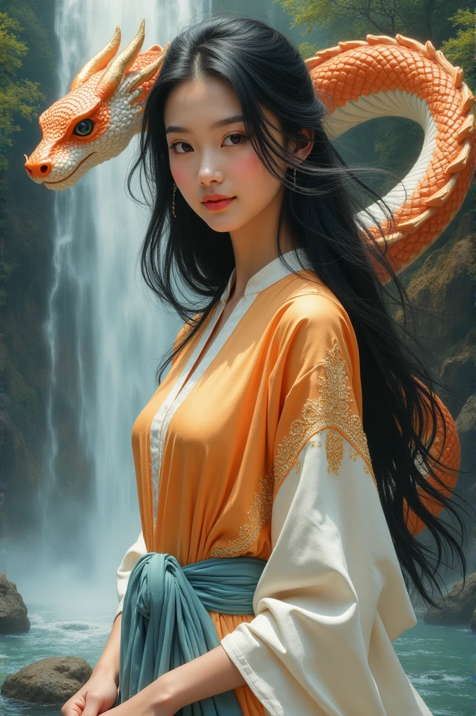 full lenght, a beautiful young woman with a sweet and gentle face, long black hair flowing and waving, wearing a light orange and white Thai Dusit dress, a light blue sarong, a white silk sash hanging from the arm with gold sparkles, behind her is a beautiful orange and silver sparkling Thai Naga, in the style of ancient Thai art, a refreshing and beautiful waterfall scene, an oil painting, a 3D painting, an art painting by Ajarn Chalermchai