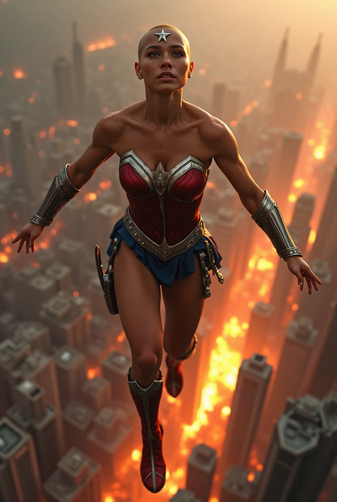 A beautiful woman with her head completely shaved or shaved wearing the costume of the Amazon warrior Wonder Woman (((Red and blue leather jumpsuit)))Silver colored diaema with a star on her forehead silver colored bracelets red leather boots long to her knees flying over an apocalyptic city skyscrapers on fire