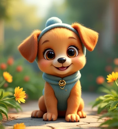 Imagine a lifelike puppy, Its features are humorously exaggerated，Extra large, Wearing cute clothes，Bright eyes and curiosity, Smile. Puppy&#39;s front view,Smiling puppy，Disney style， Capturing Natural Textures, Although its little claws are slightly larger, More lovely. The background is a simple garden, The focus is on natural colors and some greenery, Create realistic and cute scenes