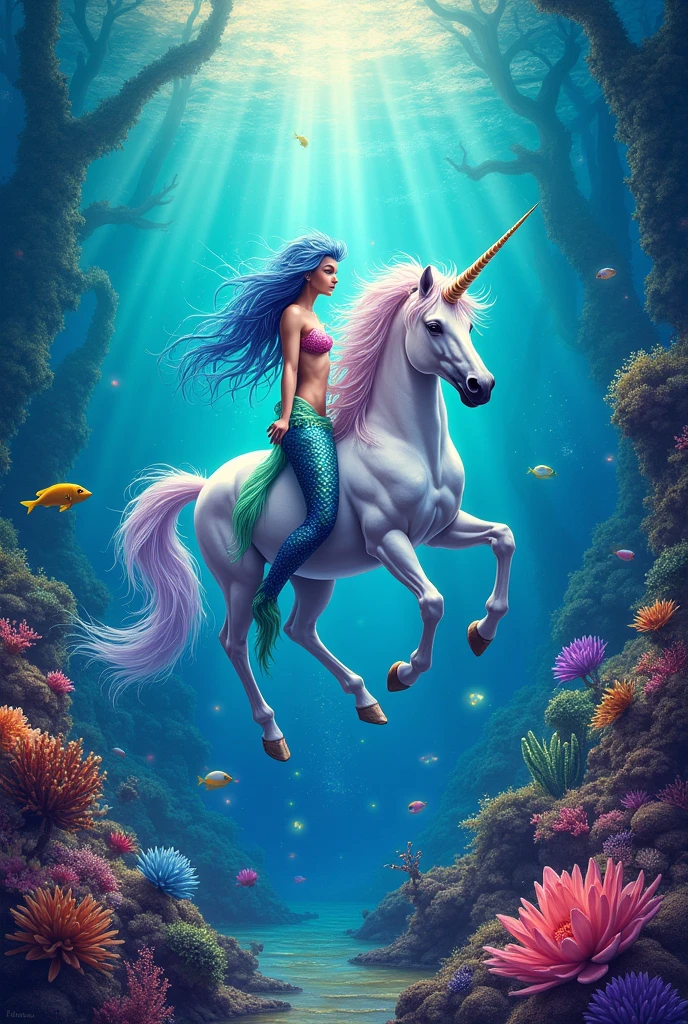 A mermaid and a unicorn in the sea, colorful drawing with rainbow, 