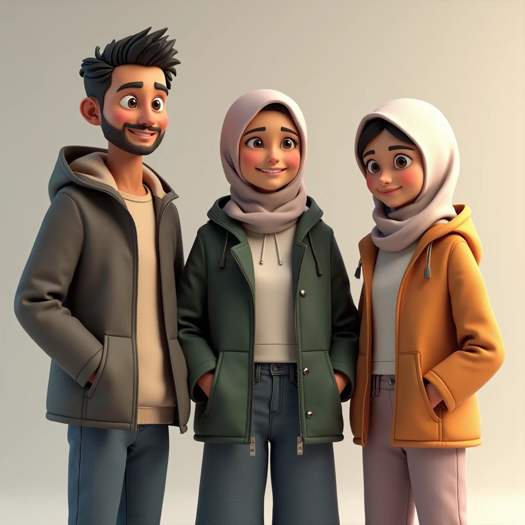 (3 (hijabless man wear jacket), 2 (hijabbed woman), 1 ( girl)), casual fashion, happy expression, just concentrate, all white skin, crowdless, extreme detail, masterpiece, 4k, gaming character, 3D character, proportional, cinematic lighting