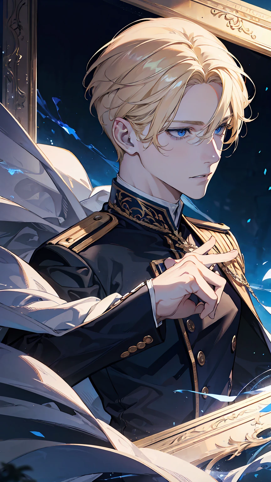 a handsome young man with blonde hair and blue eyes, wearing an academy uniform, detailed facial features, dynamic pose, realistic lighting, cinematic composition, rich color palette, highly detailed, photorealistic, masterpiece, muscular, full body