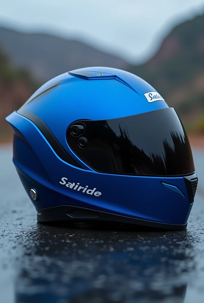 I&#39;m looking for a motorcycle helmet that is eye-catching, deportivo, Safe and with great attraction in purple and that in a part of the helmet says the Safiride brand.
Create one just like it but in blue 