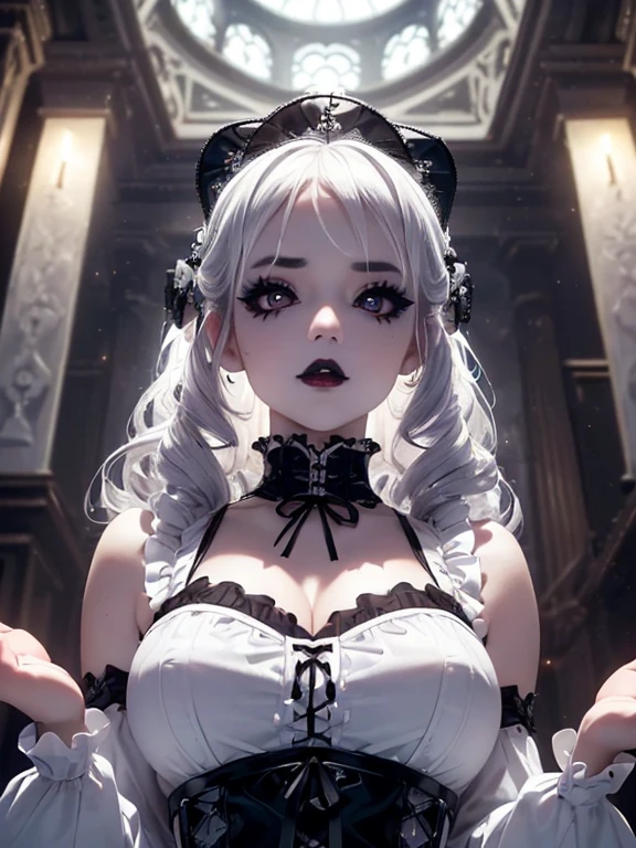 (1 girl 1.3) (extremely detailed 1.3) (anatomically correct, High precision, realistic skin) (RAW photo, Super detailed, advanced details, intricate details,), (Lighting: Face lighting, Ray tracing, reflective light, Structurally correct) ((Gothic house, candlelight 1.3)) (Subject: beautiful Asian woman with White hair in curls and coils) (wearing: glamorous detailed embroidered black gothic Lolita dress, black corset, white, neck wrists and fingers, ((beautiful big eyes looking up at the viewer, black shiny lipstick, perfect Asian goth cyber makeup))