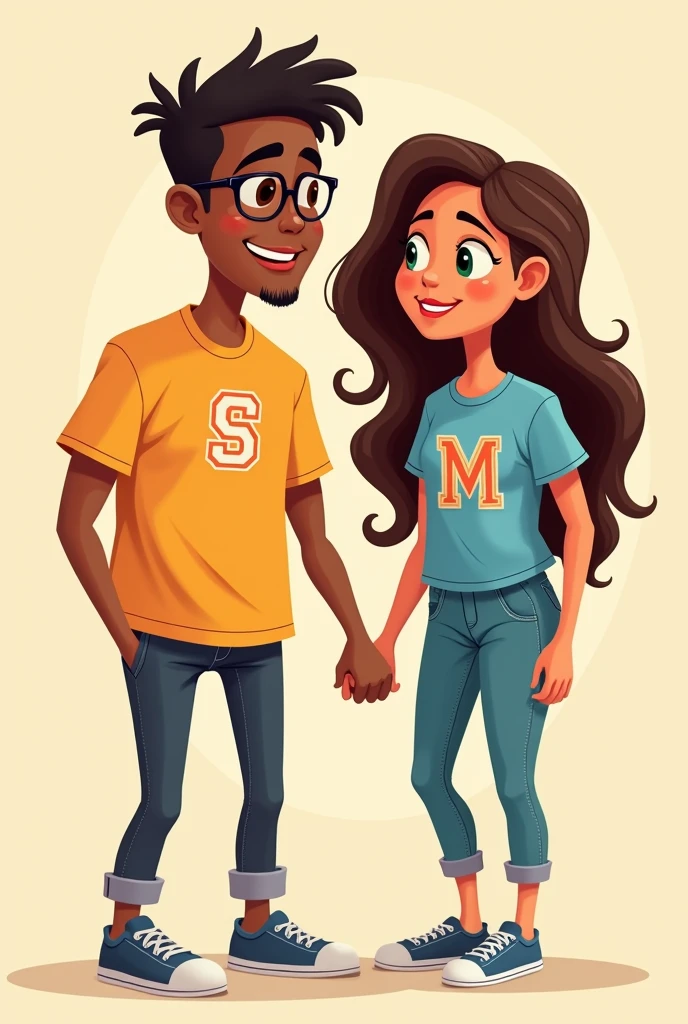 Animated couple wearing shirt with letter S and letter M