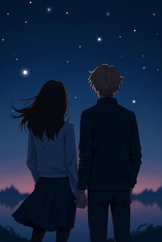 Create a 23 year old girl with long brown hair with a 25 year old boy with slightly long brown blonde hair, In the background the night with stars and the two of them with their backs turned, neither of them showing their faces