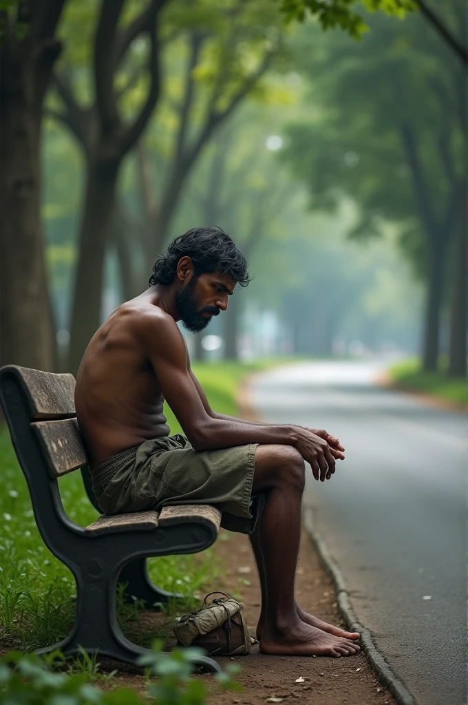 An Indian poor man having bad luck is sitting roadside in a park feeling ancious