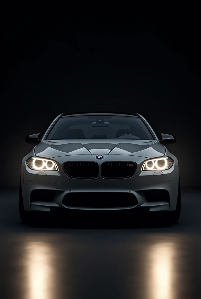Front of Black Bmw E60 on black background lights on,only lights visible