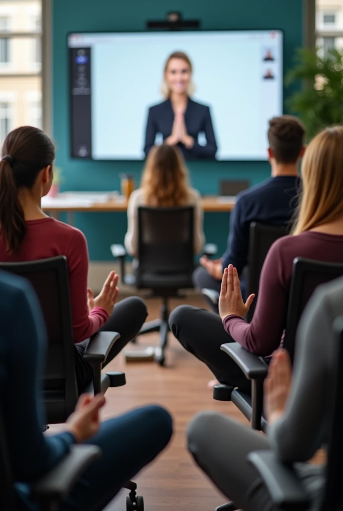 Corporate group yoga session sitting on their office chair in namaste pose with teacher taking online session using Google meet