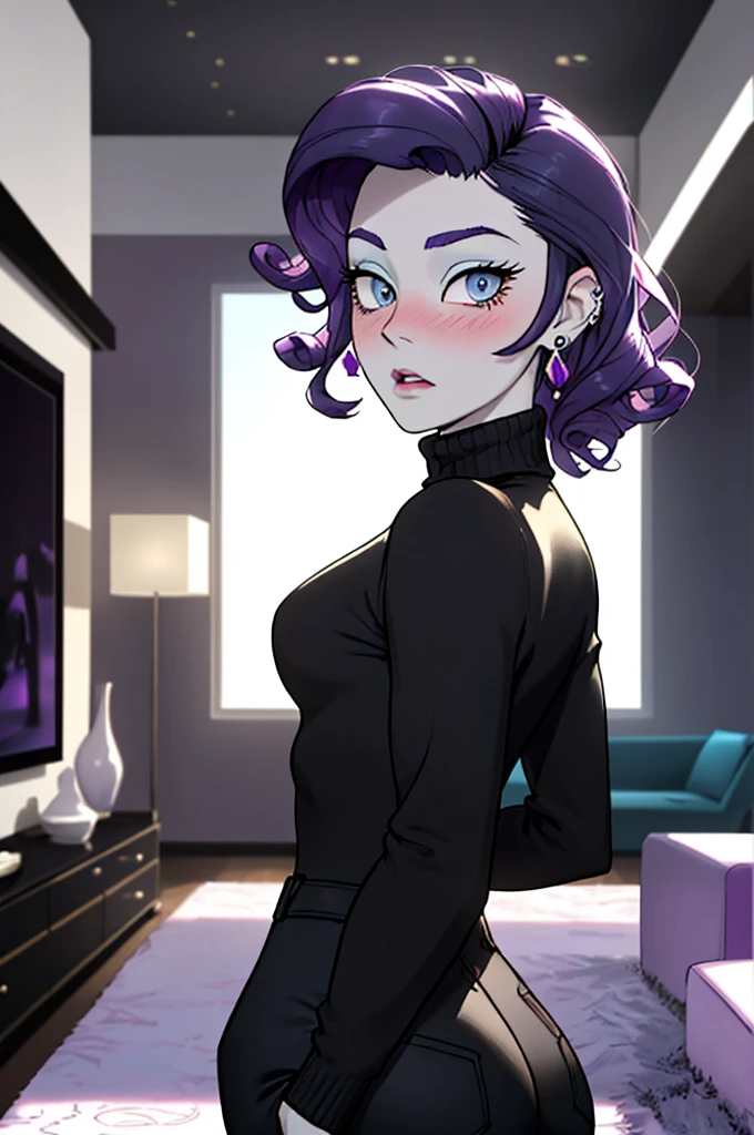 women, blue eyes, Pale skin, Curly Purple Hair, wearing turtleneck, Black pants, earrings, looking to the camera, surprised expression, inside, Living room, Instagram Pose, comfortable room, hot colors, bright lighting, moody atmosphere, HD, full 4k, High Definition, showing buttocks, blushing 