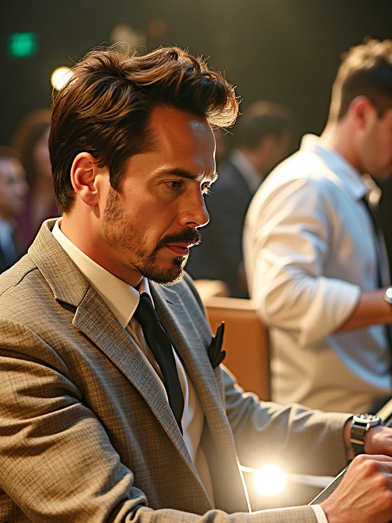 A photo of Tony Stark enjoying a night out at his favorite jazz club, playing the piano.,Marvel Cinematic Universe,Stark is typically depicted as handsome and stylish, with neatly groomed facial hair, a sophisticated sense of fashion, and a well-built physique reflective of his status and personality. His appearance is frequently complemented by the latest technology, from his Arc Reactor chest piece to his cutting-edge Iron Man suits, symbolizing his innovative prowess and the armor he uses in more ways than one.