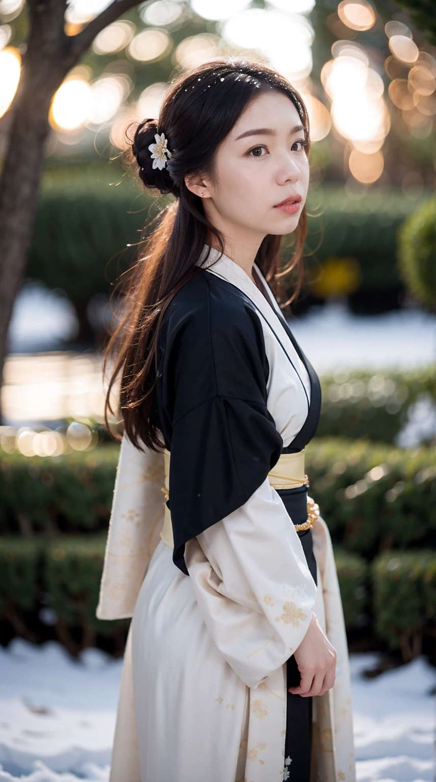 (masterpiece, best quality:1.2), 1girl, solo, thick body, wearing Japanese kimono dress, ParewaFace, (cam from side), standing against snow city, blurry background, depth of field, ((bokeh)), (snow falling)