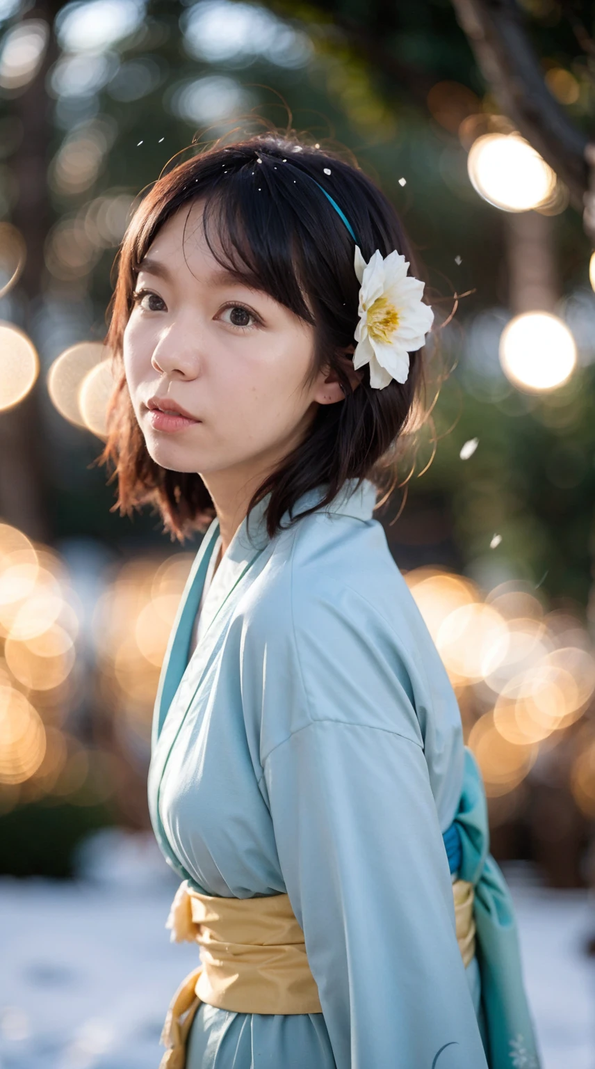 (masterpiece, best quality:1.2), 1girl, solo, thick body, wearing Japanese kimono dress, ParewaFace, (cam from side), standing against snow city, blurry background, depth of field, ((bokeh)), (snow falling)