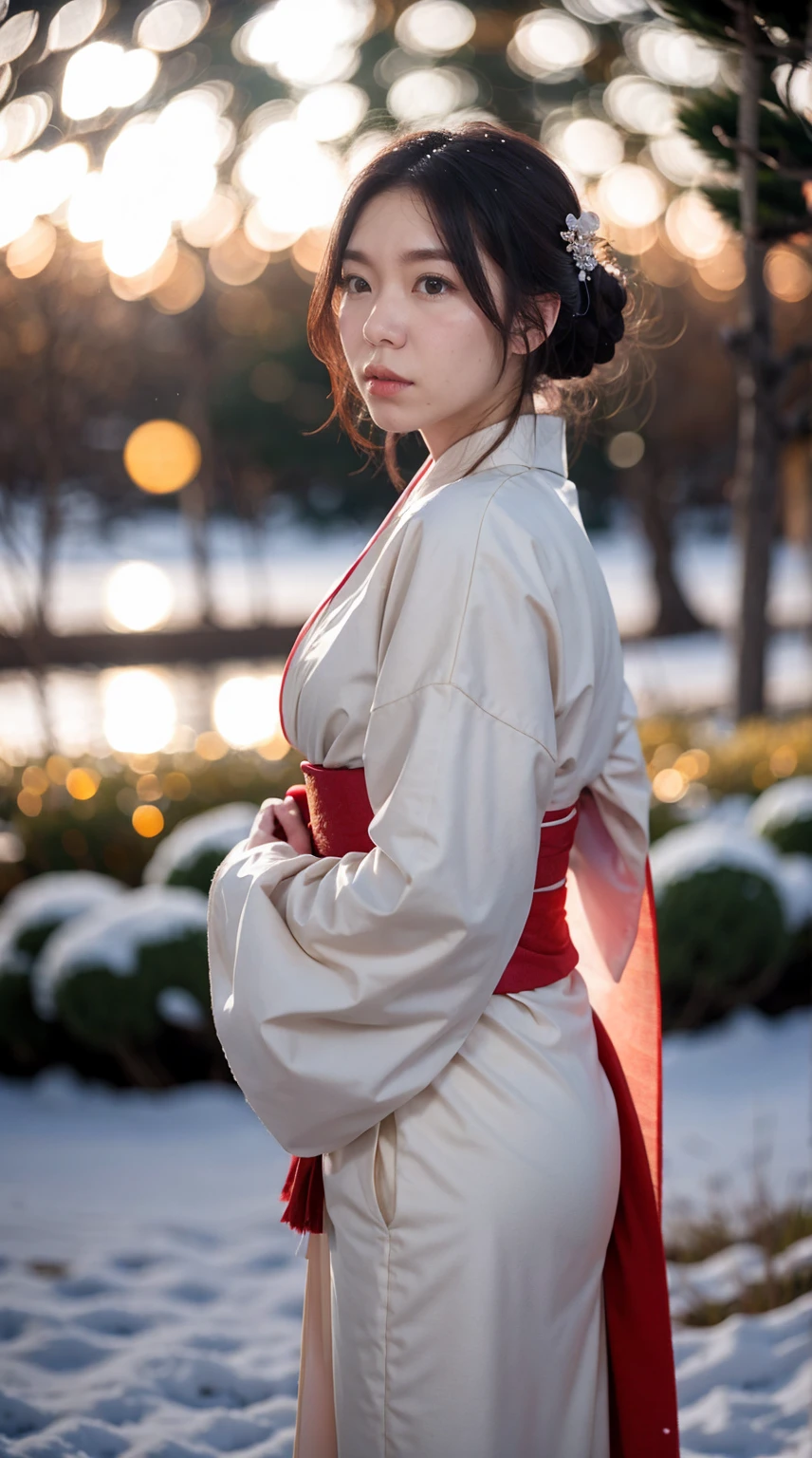 (masterpiece, best quality:1.2), 1girl, solo, thick body, wearing Japanese kimono dress, ParewaFace, (cam from side), standing against snow city, blurry background, depth of field, ((bokeh)), (snow falling)