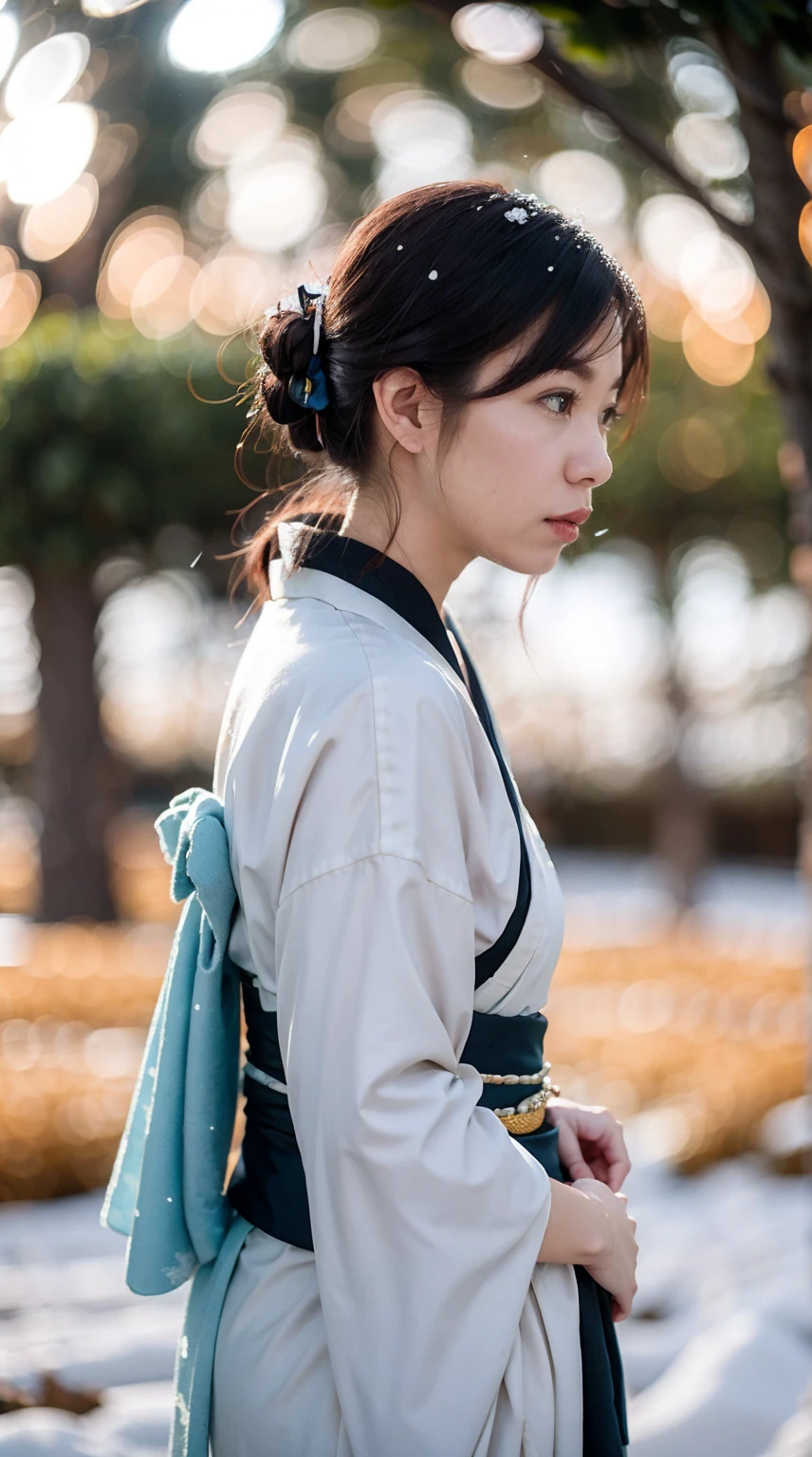 (masterpiece, best quality:1.2), 1girl, solo, thick body, wearing Japanese kimono dress, ParewaFace, (cam from side), standing against snow city, blurry background, depth of field, ((bokeh)), (snow falling)