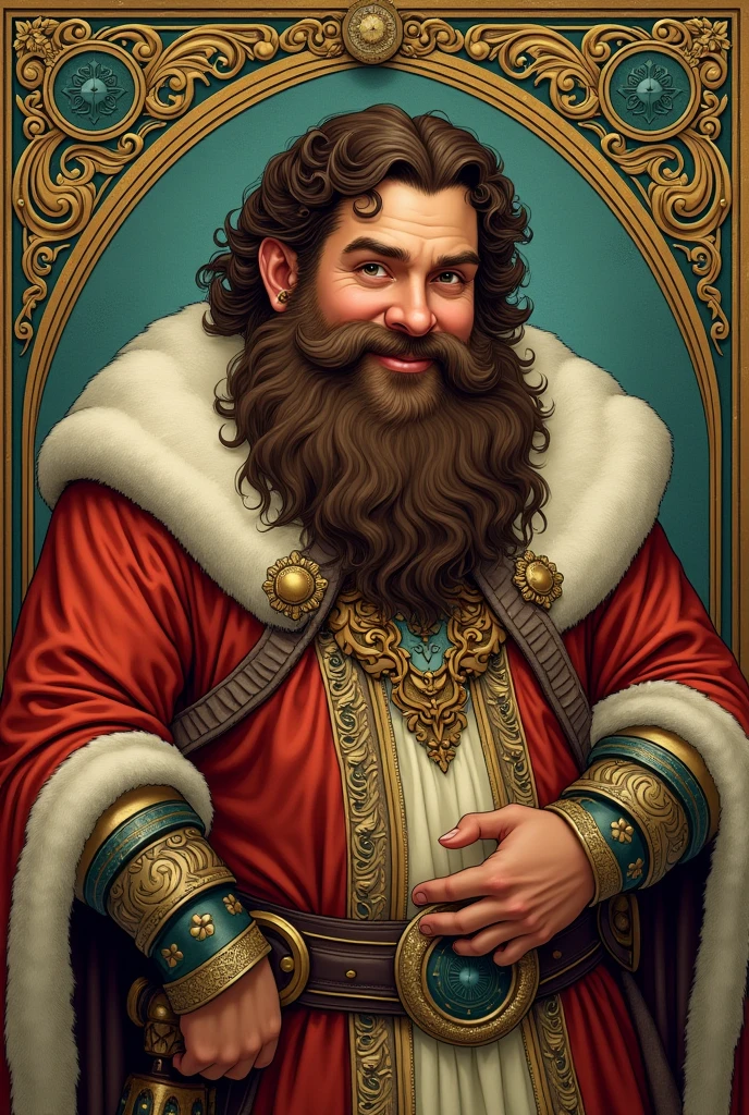 RPG retrato, Moldura de Bronze, Close-up, race: Dwarf, Gender: macho, idade: 30 anos, olho: castanho escuro; cor da pele: pele clara, Hair: Castanho encaracolado, physics: Tez gordurosa, Facial features: Barba frondosa, expression: olhar alegre, equipamento: Clothes of the dwarf king, Background Story: retrato simples com moldura, Alphonse Mucha (master part, best quality, High: 1.4), circunstanciado, detalhes intrincados, 4k, respingos de cor, arte de linha, Fibonacci, full body, bulge,