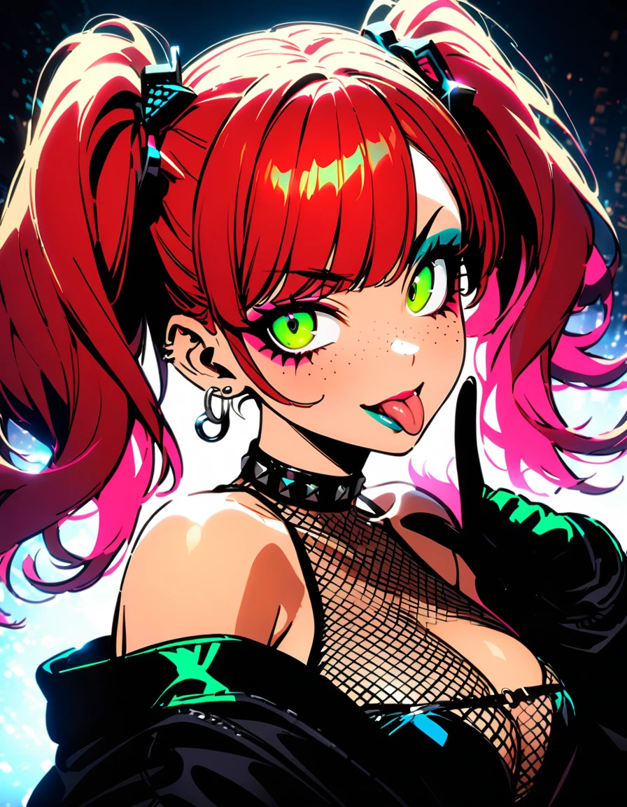 woman, curly red hair in pig tails, green eyes, eye shadow, black hoodie, black finger-less gloves, exposed shoulders, large breasts, freckles, cleavage, fishnet undershirt, looking at viewer, Holo-Punk Style, goth, earrings, eyelashes, makeup, solo, tattoo, punk aesthetic, cinematic lighting, masterpiece, best quality, face close up, sticking tongue out, split tongue, two fingers