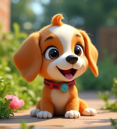 Imagine a lifelike puppy, Its features are humorously exaggerated,Extra large, Wearing cute clothes,Bright eyes and curiosity, Smile. Puppy's front view,Smiling puppy,Disney style, Capturing Natural Textures, Although its little claws are slightly larger, More lovely. The background is a simple garden, The focus is on natural colors and some greenery, Create realistic and cute scenes