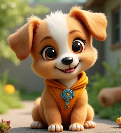Imagine a lifelike puppy, Its features are humorously exaggerated,Extra large, Wearing cute clothes,Bright eyes and curiosity, Smile. Puppy's front view,Smiling puppy,Disney style, Capturing Natural Textures, Although its little claws are slightly larger, More lovely. The background is a simple garden, The focus is on natural colors and some greenery, Create realistic and cute scenes