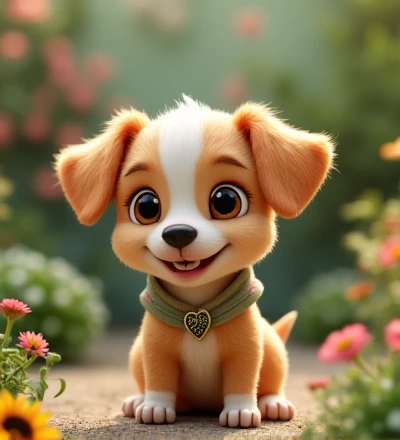 Imagine a lifelike puppy, Its features are humorously exaggerated，Extra large, Wearing cute clothes，Bright eyes and curiosity, Smile. Puppy&#39;s front view,Smiling puppy，Disney style， Capturing Natural Textures, Although its little claws are slightly larger, More lovely. The background is a simple garden, The focus is on natural colors and some greenery, Create realistic and cute scenes