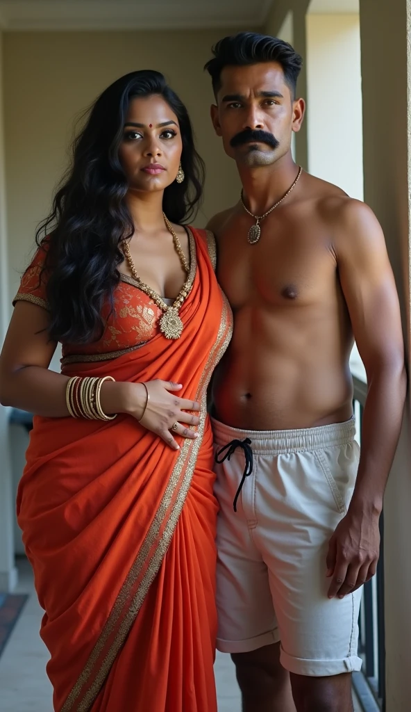 Newly wed indian couple, hot curvy white south indian milf with long hair, big breast, big hip, very big ass, thick thighs, woman wearing tight saree pallu tied in hip, cleavage, indian couple, very short indian black old man with short haircut, skinny body and big moustache, man wearing shorts, woman with man, couple in house balcony, high resolution, couple looking at camera, tall woman and short man, close-up potrait, Closed Mouth, serious face, front full body view, in kitchen, bright lighting