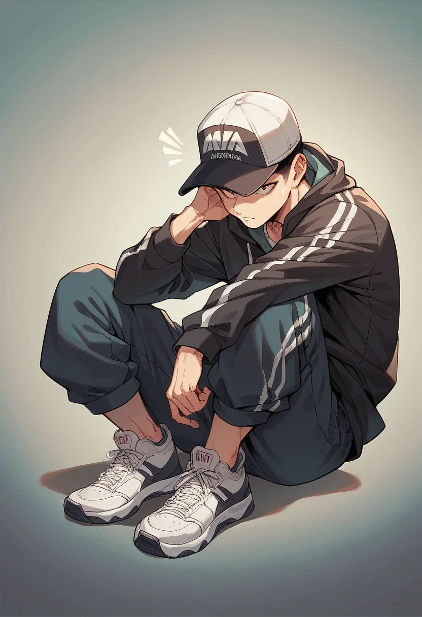 masterpiece, Facial details, Very detailed, 8k, Modern Style, ((One young man)), woman, Short white hair, Green Eyes, black track jacket, Black trousers, I can see the shoes, White Background, joy, sitting, partially unzipped,