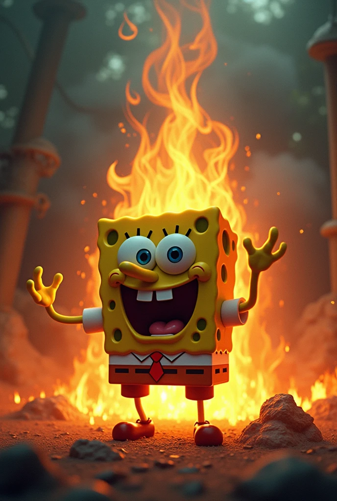 an image of SpongeBob giving him the Celestina while everything around him burns