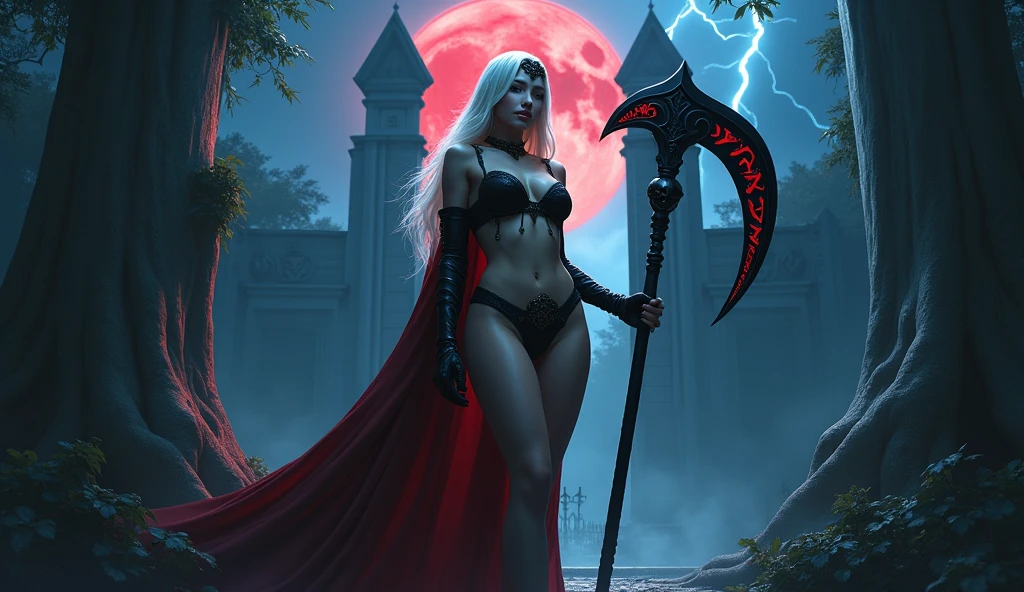 In this masterpiece, a stunning (Clara Morgane in sexy reaper cosplay:1.3), stands at the center of the frame, radiating an aura of mystique and beauty. The ultra-detailed 4K image presents her in front of a (black mana vortex:1.3) framed by the (huge gates of the realm of the dead:1.3), in the center of a necropolis surrounded by a dark jungle. The pitch-black night is lit by a few blue lightning bolts and a blood-red moon. The volumetric lighting casts a warm glow on her porcelain skin, accentuating the intricate details of her (sexy Armor of death). Her straight blonde hair is gorgeous, framing her charming smile and captivating cleavage. The mesmerizing atmosphere is punctuated by (blue thunderstorms and lightning) in the surreal dark sky, as if the heavens themselves are summoning her presence. The composition masterfully balances depth and complexity, drawing the viewer's eye to the perfect body, with its impeccable anatomy and tantalizing pose. (Charming smile), (Beautiful Big tits:1.3), (Finely crafted black tiara), She holds a huge scythe covered in blood red runes in her hand. (Photorealistic), (Dark theme). (Beautiful naked navel:1.5). Her high-quality sexy armor, composed of a (black bikini) and (pieces decorated with skulls), (blue eyes), (blond hair)