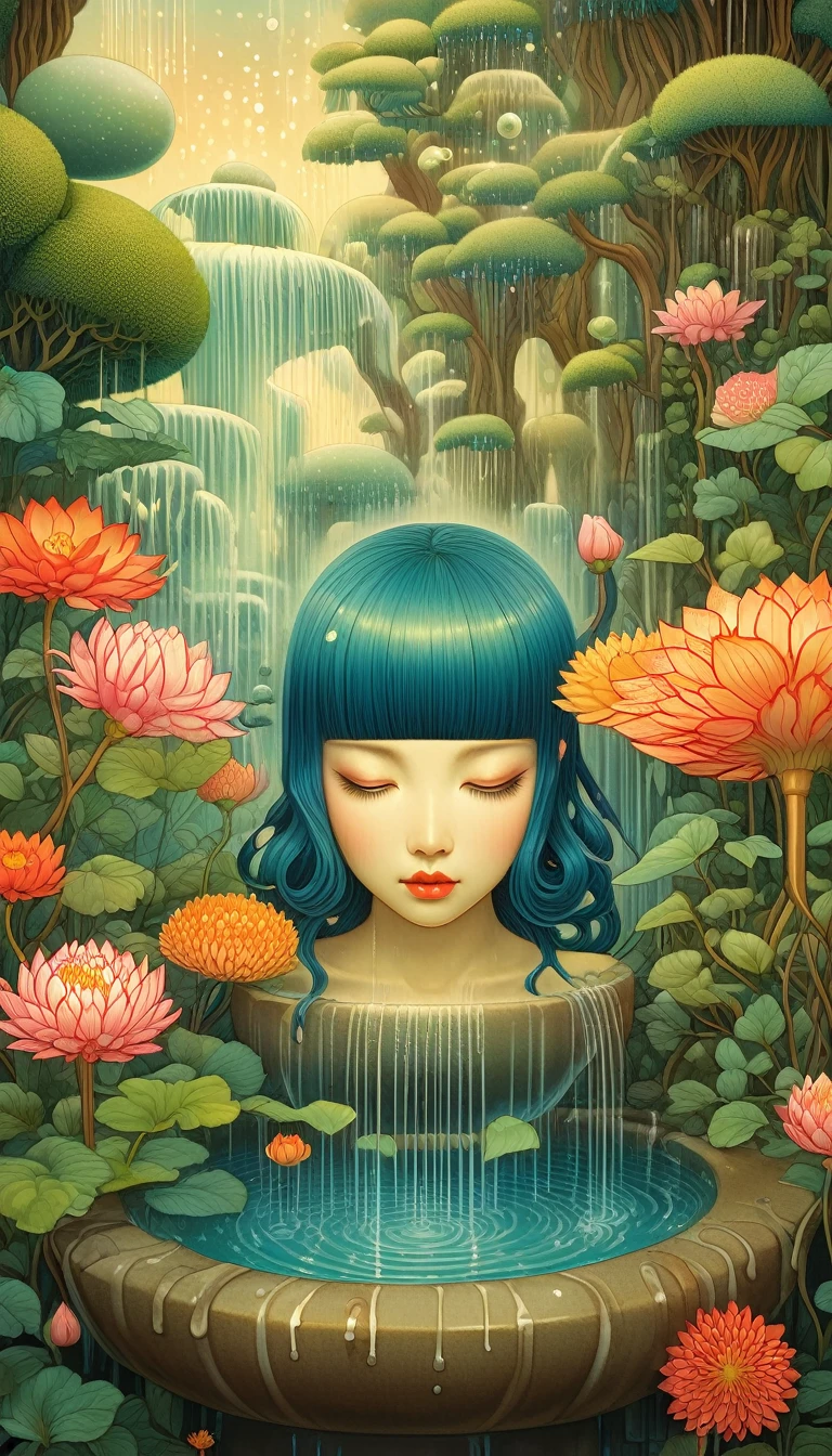 Magical mysterious ethereal scenery surreal fountain , the ultra-detailed, James R ，Draw beautiful digital illustrations， by Audrey Kawasaki, by Amy Saul, author：naoto hattori，yayoi kusama, by Ghibli Studio，NO borders